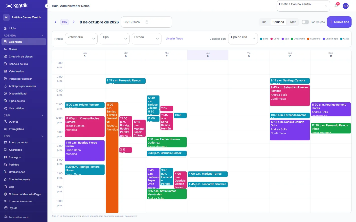 Calendario semanal de Xantrik Agenda con citas de una estética canina en distintos colores por tipo de servicio